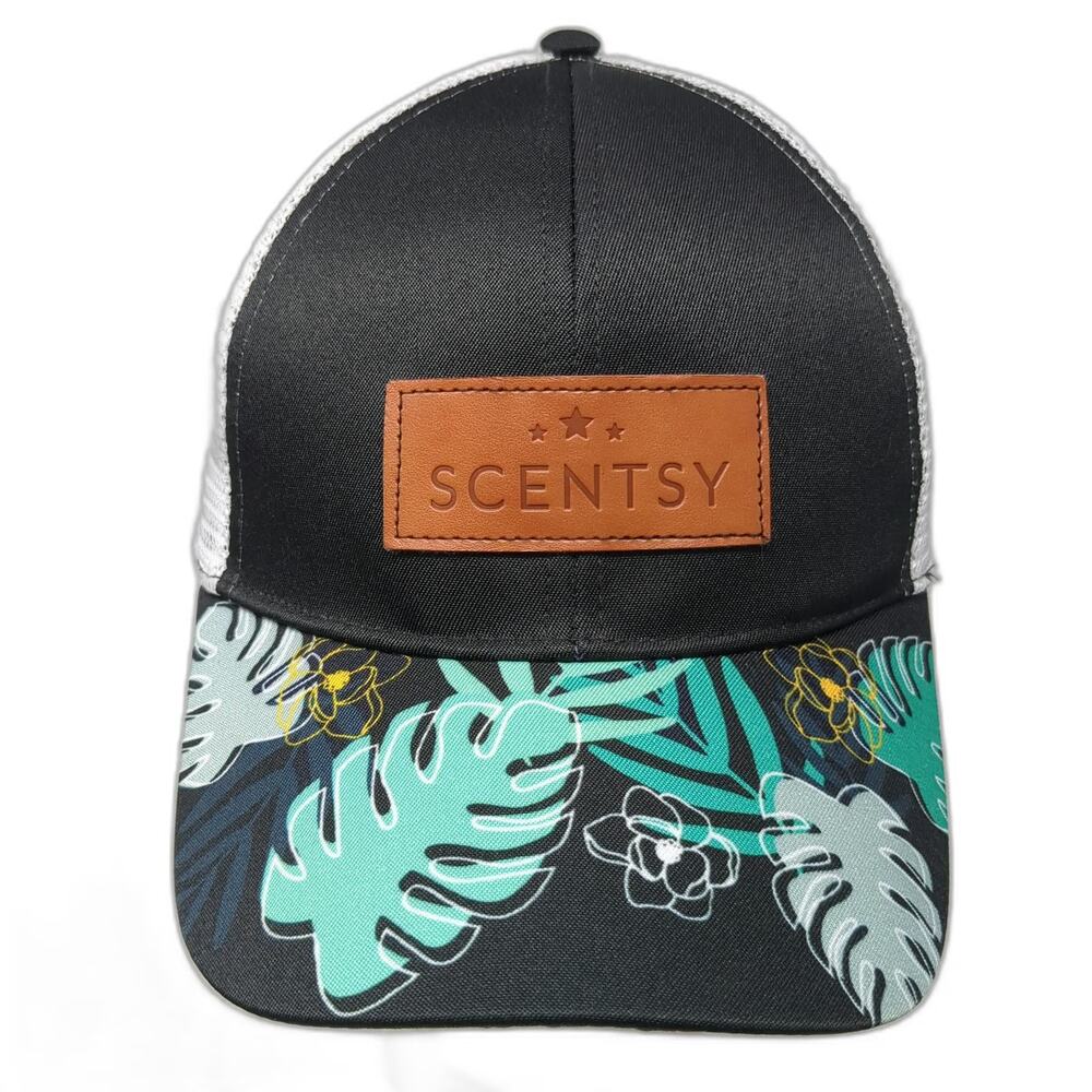 Scentsy Trucker Hat Black White One Size Floral Bill Leather Patch Snapback